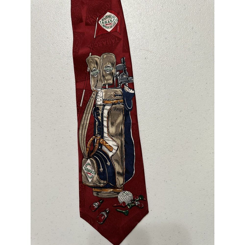 Tabasco Golf Theme Necktie 100% Silk Jacquard‎ Logo Red Excellent 57x4